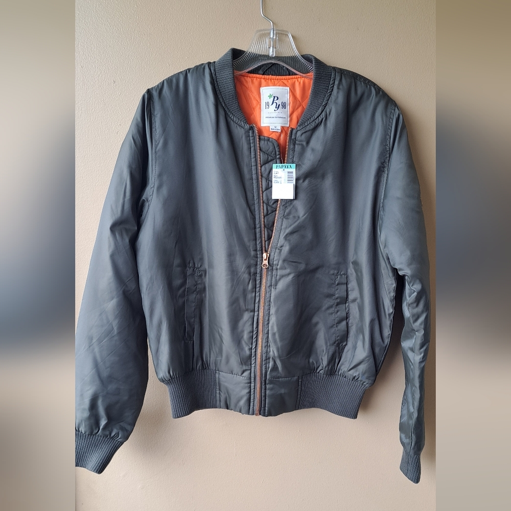 NWT Lightweight Papaya Olive Bomber Jacket with Orange Lining